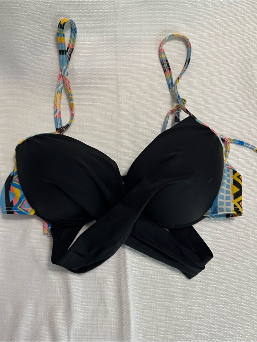 Black Wrap Bikini Top Multicolor Straps Push Up Swim Top Size M